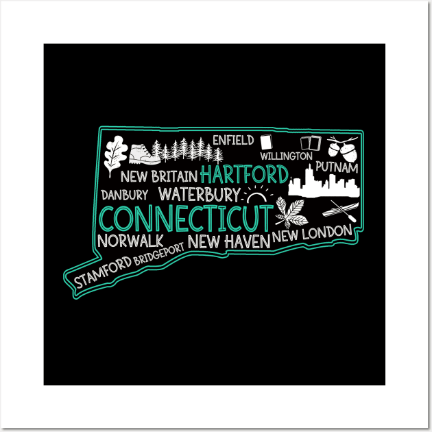 Connecticut Hartford cute map Waterbury New Haven Enfield Willington Putnam Norwalk Stamford Bridgeport Danbury Wall Art by BoogieCreates